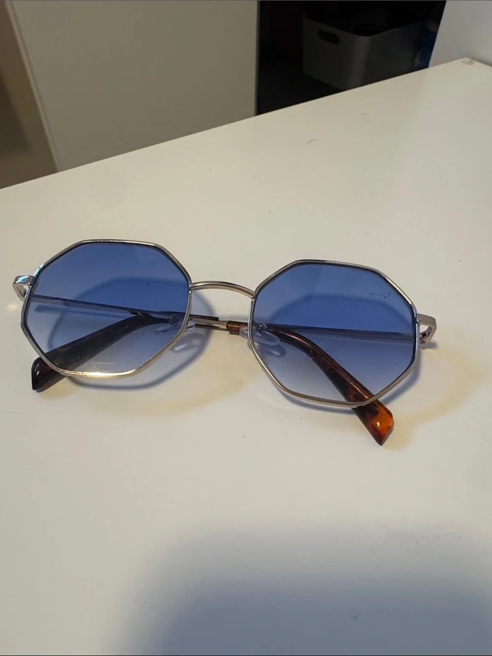 Aerie Octagonal Blue Lens Fashion Sunglasses with Silver Frame